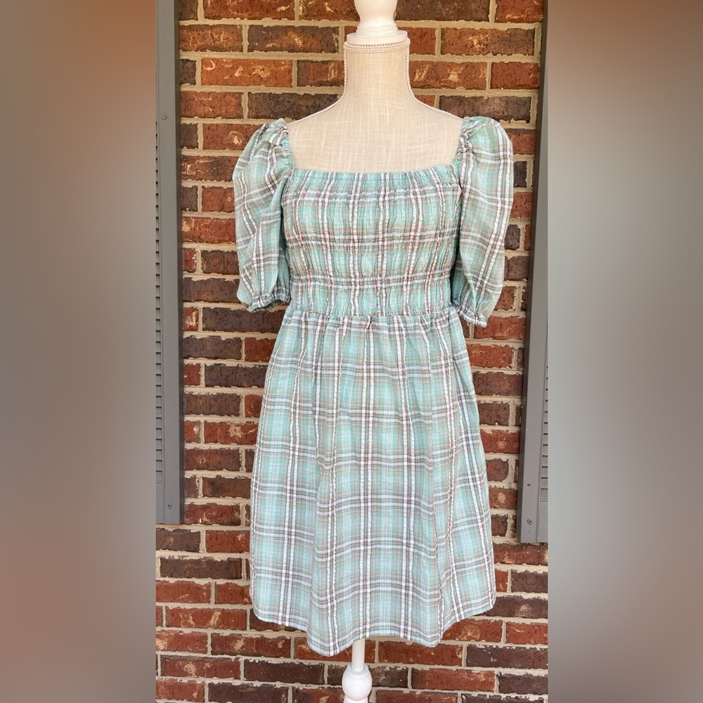NWT Mint Plaid Smocked 3-4 Puff Sleeve Mini Dress Size Small.